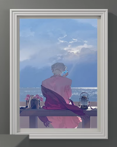 Portrait of White Haired Figure in Pink Garment by Window with Sea Lantern and Flowers 3d model