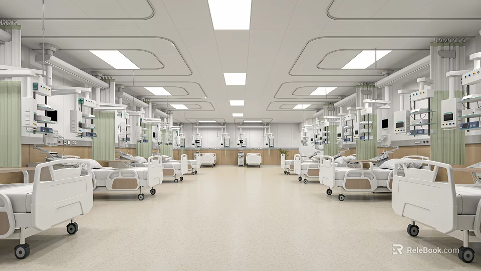 Hospital Outpatient Ward With Beds And Medical Equipment In Clean Space 3d model 