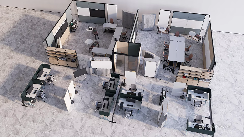 Modern Public Office Space With Open Layout Partitions Workstations And Storage Cabinets 3d model 