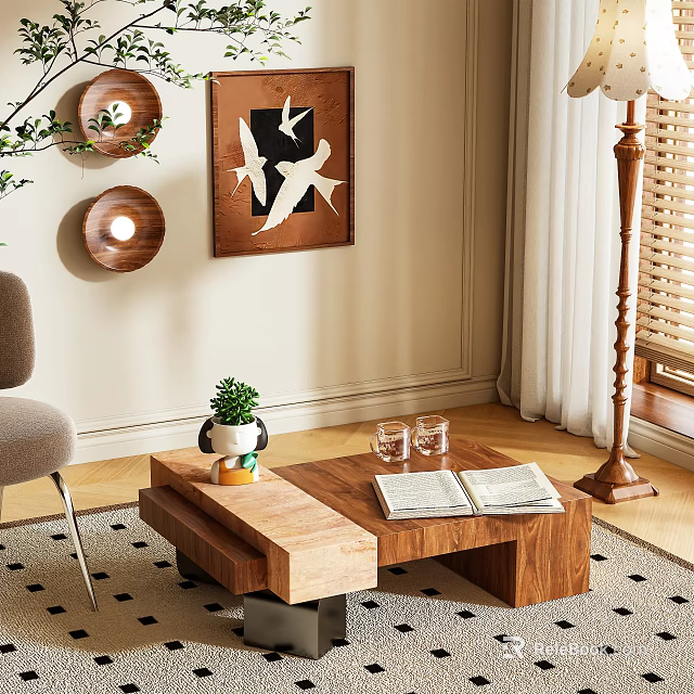 Modern Wooden Coffee Table With Potted Plant Glass Cups And Magazines In Living Room 3d model 