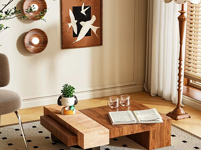 Modern Wooden Coffee Table With Potted Plant Glass Cups And Magazines In Living Room 3d model