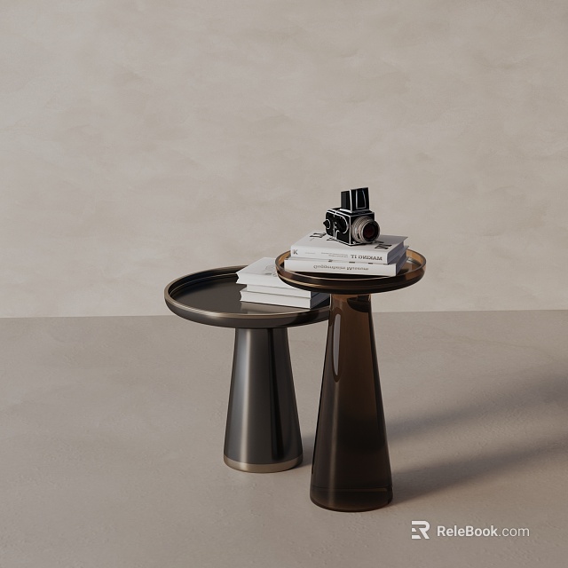 Modern Minimalist Side Tables with Circular Tray Top and Stacked Books Camera on Light Background 3d model 