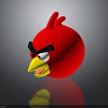 Red Angry Bird Cartoon Character With Black Eyebrows And Yellow Beak On Reflective Background