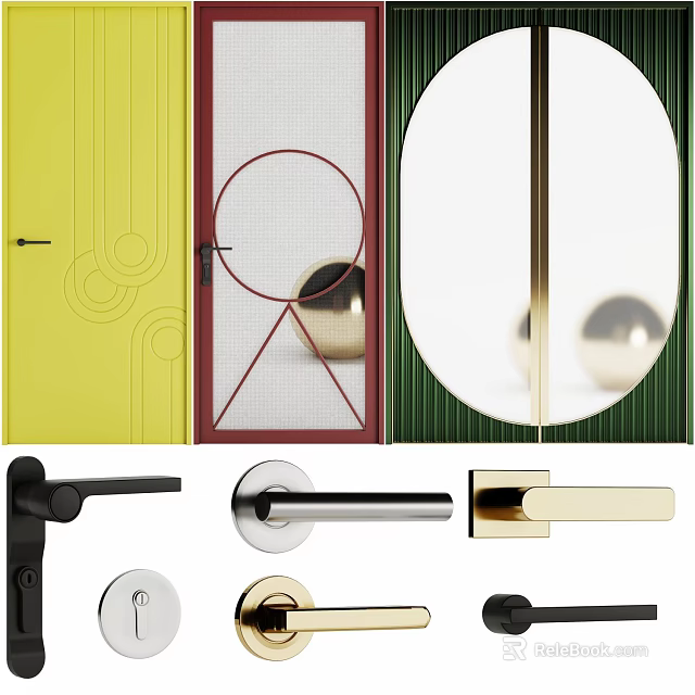 Modern Hinged Doors Featuring Vibrant Colors Mesh Panels and Various Door Handles 3d model 