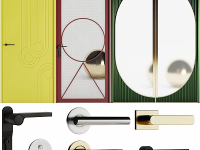 Modern Hinged Doors Featuring Vibrant Colors Mesh Panels and Various Door Handles 3d model