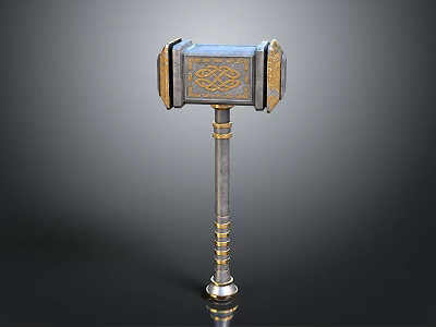 Intricate Sculpture Carving On Decorative Hammer With Gold Accents And Spiral Handle 3d model
