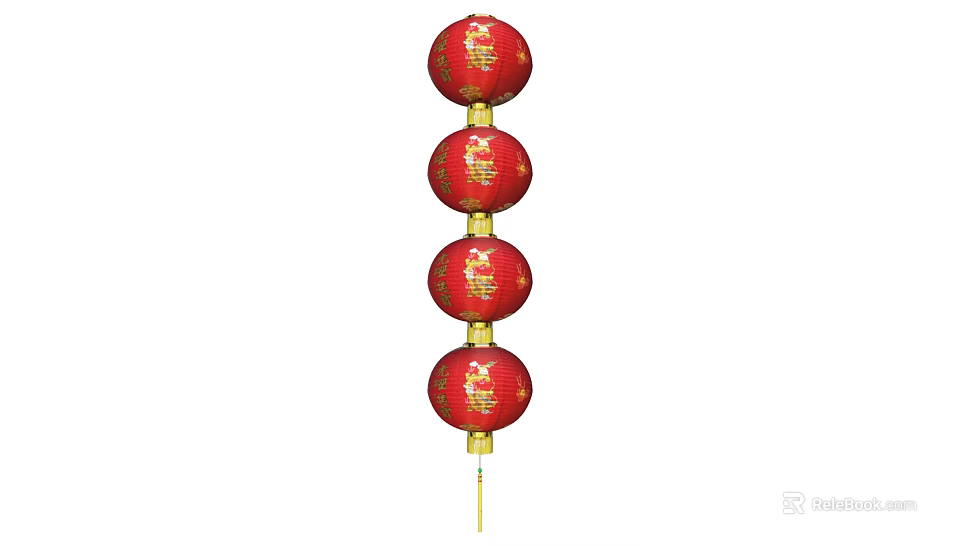 Traditional String of Four Red Lanterns with Golden Patterns and Tassel 3d model 