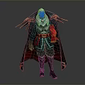 Mythical Warrior Character With White Hair Green Cape Red Accent And Metallic Armor Details