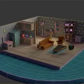 Cartoon Style Room Scene with Furniture Refrigerator Sofa Chairs Bookshelf Table Wall Decor and Window