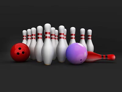 Bowling Sports Equipment Including White Pins Red And Purple Balls And Cleaner Brush 3d model