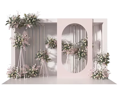 Wedding Floral Setup With Pink Backdrop Arched Door And Flower Stands 3d model