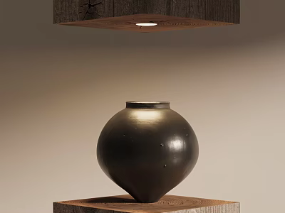Black Ceramic Vessel Displayed On Wooden Base With Overhead Light In Minimalist Design 3d model