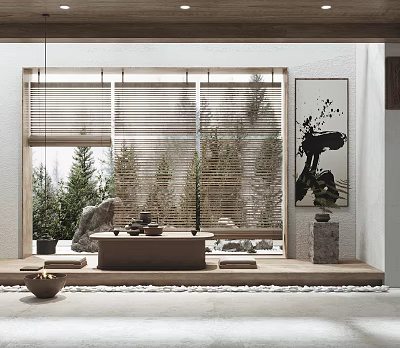 Traditional Tea Room Interior With Wooden Blinds Trees Outside Tea Table Stone And Ink Painting 3d model