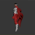 A Muscular Man In Red And White Superhero Costume With Red Cape And Chest Emblem