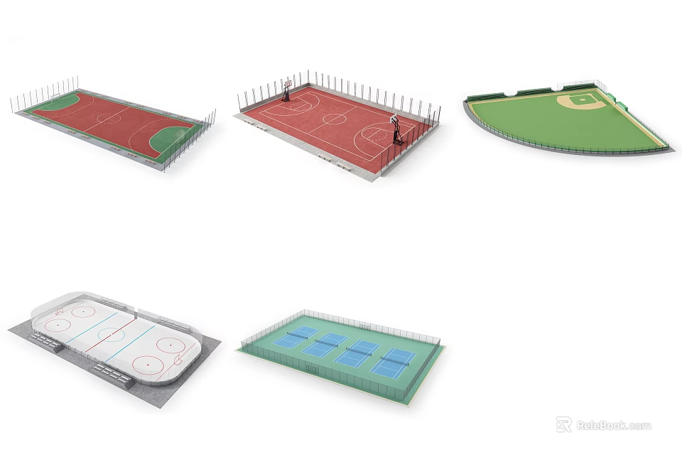 Various Sports Courts Including Basketball Football Hockey And Tennis For Fitness Activities 3d model