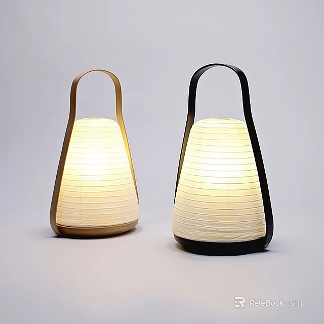 Conical Paper Shade Table Lamps With Light Wood And Black Handle Illuminated 3d model 