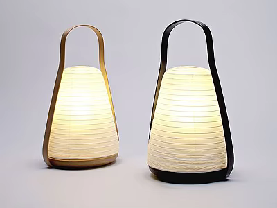 Conical Paper Shade Table Lamps With Light Wood And Black Handle Illuminated 3d model