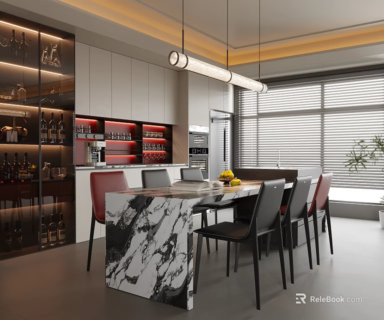 Elegant Modern Restaurant Interior With Marble Dining Table Pendant Lights Wine Racks And Chairs 3d model 