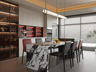 Elegant Modern Restaurant Interior With Marble Dining Table Pendant Lights Wine Racks And Chairs 3d model