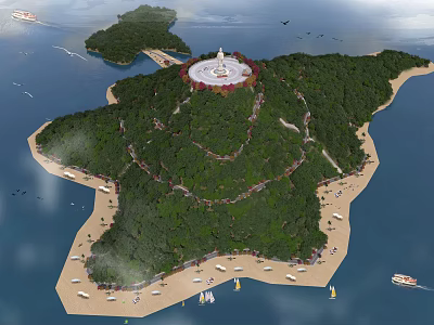 Scenic Island Garden Landscape With Central White Tower Lush Greenery And Sandy Beaches 3d model