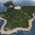 Scenic Island Garden Landscape With Central White Tower Lush Greenery And Sandy Beaches