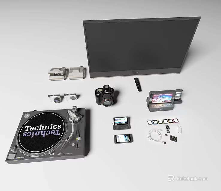 Modern Computer Monitor Setup With Camera Tablet Smartphone And Turntable 3d model 