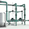 Green Industrial Pipes System With Water Storage Tank And Pumps Setup
