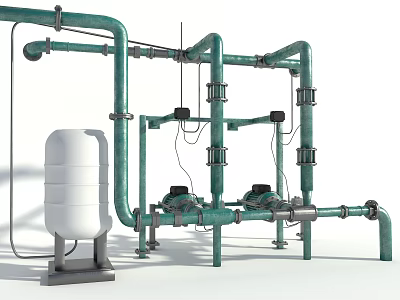 Green Industrial Pipes System With Water Storage Tank And Pumps Setup 3d model