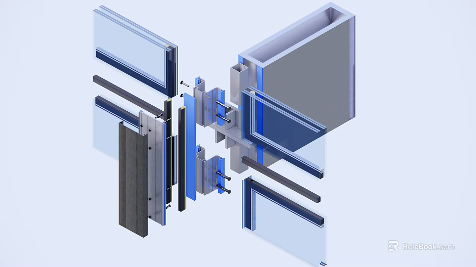 Detailed Curtain Wall Construction With Metal Frame Glass Panels And Insulation Layers 3d model 