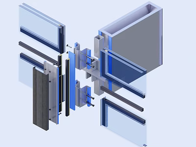 Detailed Curtain Wall Construction With Metal Frame Glass Panels And Insulation Layers 3d model