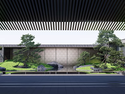 Courtyard Garden Featuring Lush Greenery Pine Trees Rocks and Water Feature with Decorative Wall 3d model