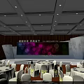 Elegant Banquet Hall Setup With Stage Large Screen Colorful Lights Round Tables And Chairs