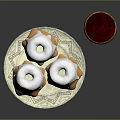 Delicious White Frosting Topped Pastries on Silver Plate and Blue Gold Cup with Red Drink