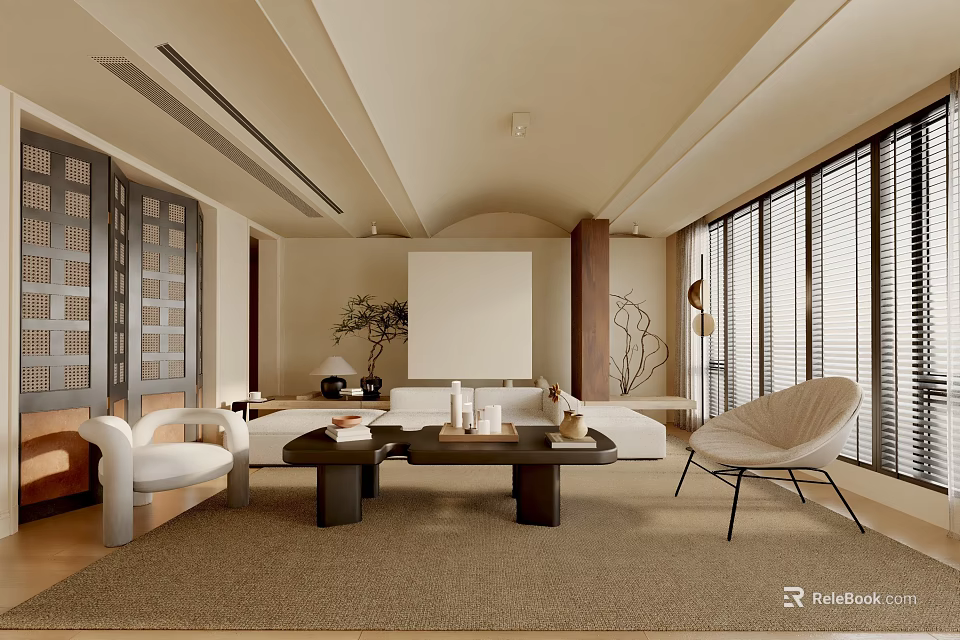 Modern Living Room Interior With White Sofa Coffee Table And Floor To Ceiling Windows 3d model 