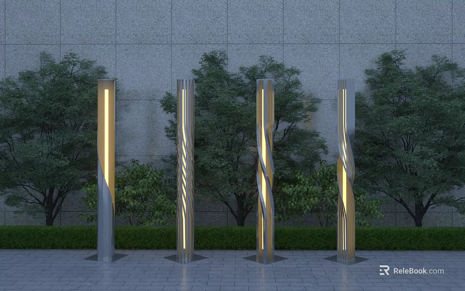 Illuminated Outdoor Lights with Spiral Column Design Against Gray Wall and Green Trees 3d model 