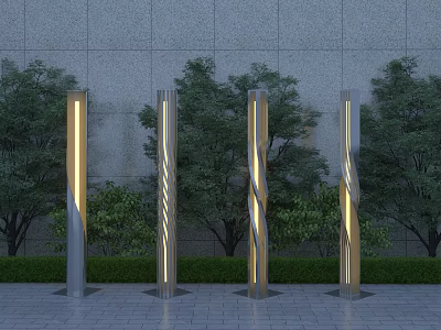 Illuminated Outdoor Lights with Spiral Column Design Against Gray Wall and Green Trees 3d model