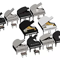 Different Black And White Pianos With Open Lids And Matching Stools 3d model