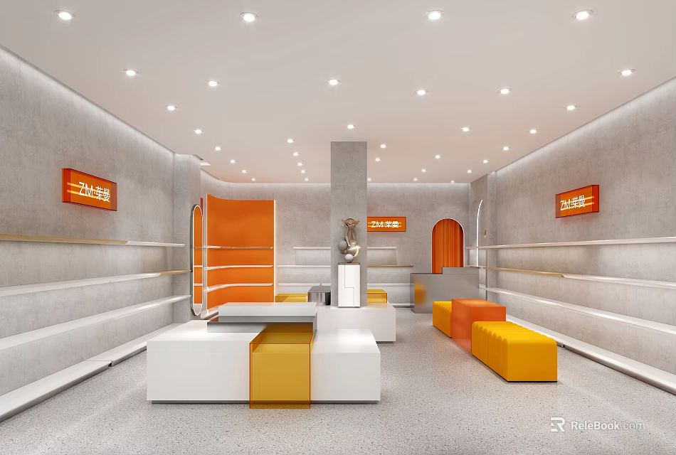 Modern Store Interior With Orange White Gray Decor Display Shelves Seating And Lighting 3d model 