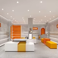Modern Store Interior With Orange White Gray Decor Display Shelves Seating And Lighting