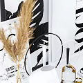 Stylish Decorative Ornament Set with Dried Pampas Grass Black White Vases Candle and Framed Artworks