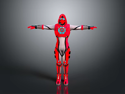 Red And White Superhero Character In Futuristic Costume With Blue Circular Emblem And Extended Arms 3d model
