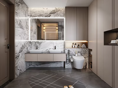 Modern Bathroom Interior Design With Marble Walls Double Vanity Mirror And Tiled Floor 3d model