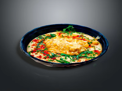 Appetizing Tasty Food in Black Plate with Yellow Main Red Garnish and Fresh Green Leaves 3d model