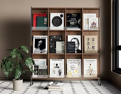Wooden Bookcase With Books And Magazines Green Plant Nearby And Wheels On Brown Wall Background 3d model
