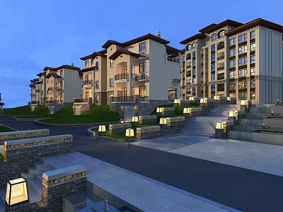 Row of Elegant Detached Villas With Evening Lighting Stone Steps And Green Lawn 3d model
