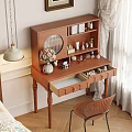 Wooden Decorative Cabinet with Round Mirror Multilayer Shelves Displaying Vase Skincare Decorations and Wooden Chair