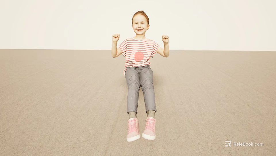 Smiling Red Haired Girl In Striped Shirt Sitting On Light Ground With Raised Fists 3d model 