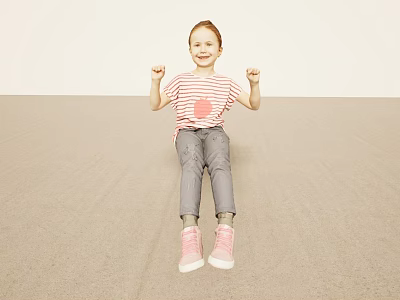 Smiling Red Haired Girl In Striped Shirt Sitting On Light Ground With Raised Fists 3d model