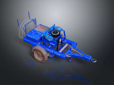 Blue Utility Trailer With Mechanical Equipment Wheels Metal Frame And Hitch Design 3d model