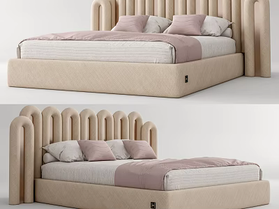 Cozy Modern Kids Bed With Curved Slat Headboard Beige Frame And Soft Pillows 3d model